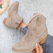1 Pair Women's Solid Color Western Style Chunky Heel Boots, 2025 Autumn/Winter New Fashion Versatile Women's Slip-On Ankle Boots