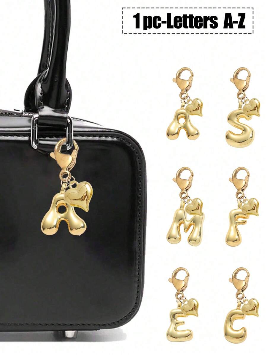 泡泡字母可爱项链吊坠包吊坠-幸运水晶吊坠搭配金色心形吊坠，字母 A-Z，闪亮合金包和背包吊坠-生日和特殊场合的完美礼物，钥匙链环包背包吊坠汽车吊坠礼物，适合女士和女孩，钱包和手提包配件。生日、情人节、母亲节送给女性的小礼物 - 金色 - 查看 1