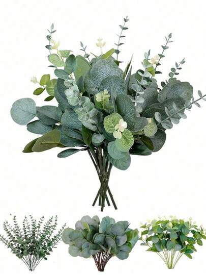 60pcs Eucalyptus Leaf Stem, Fake Greenery Sprigs With Berries For Wedding Flower Vases, Bouquets, Home Floral Decor, Arrangements, 3 Kinds Mixed Artificial Eucalyptus Leaves Stems Bulk Fake Silver Dollar Eucalyptus Greenery Decoration Faux Eucalyptus Plant Branches For Wedding Floral Centerpiece Flower Arrangement Gifts Birthday Graduation