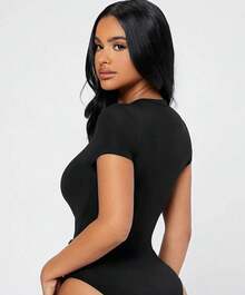 Short Sleeve Summer Ribbed Leotard Bodysuit Fashion Blogger - màu đen - Xem 2