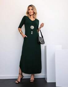 Long Dress 3/4 Sleeve Comfy Fashion With Pocket - Màu xanh lá cây đậm - Xem 1