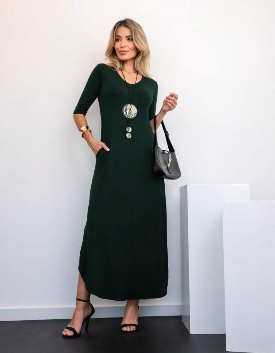 Long Dress 3/4 Sleeve Comfy Fashion With Pocket - Màu xanh lá cây đậm - Xem 1