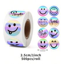500pcs/Roll Holographic Rainbow Smiling Face Stickers, Round Label Stickers For Books, Stationery, Gifts, Cookies, Cakes, Waterproof Stickers For Cards, Envelopes, Wedding Supplies
