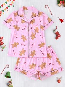 2pcs Christmas Cookie & Candy Print Pajama Set For Women, Comfortable Lapel Button Short Sleeve Top And Elastic Waist Shorts, Casual Outdoor & Homewear