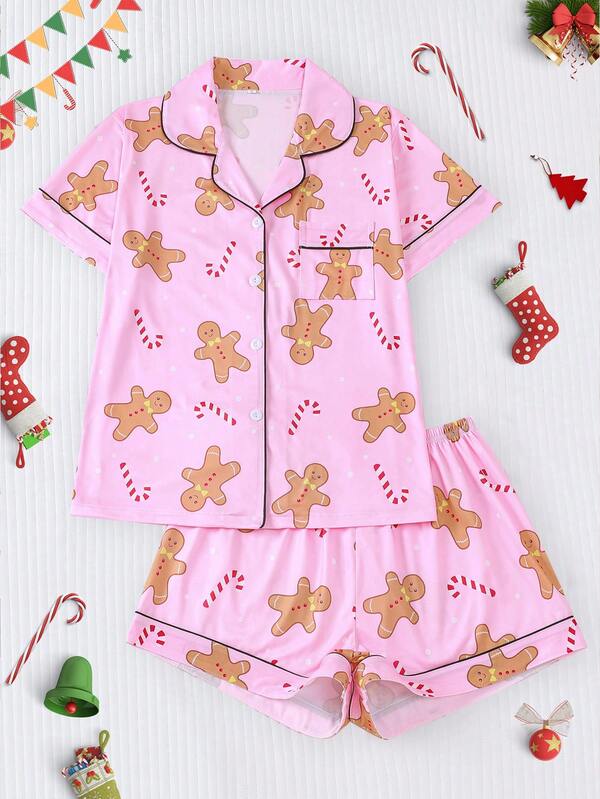 2pcs Christmas Cookie & Candy Print Pajama Set For Women, Comfortable Lapel Button Short Sleeve Top And Elastic Waist Shorts, Casual Outdoor & Homewear