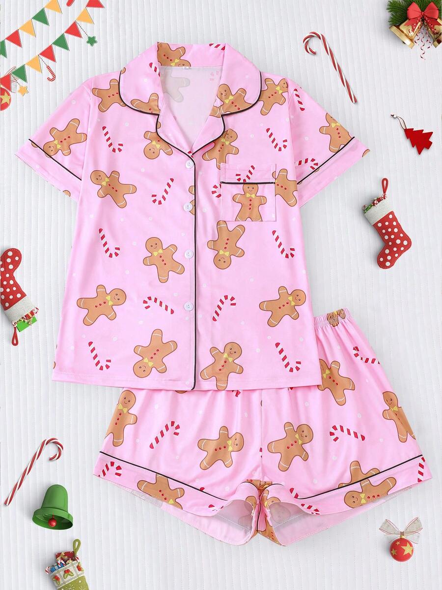 2pcs Christmas Cookie & Candy Print Pajama Set For Women, Comfortable Lapel Button Short Sleeve Top And Elastic Waist Shorts, Casual Outdoor & Homewear