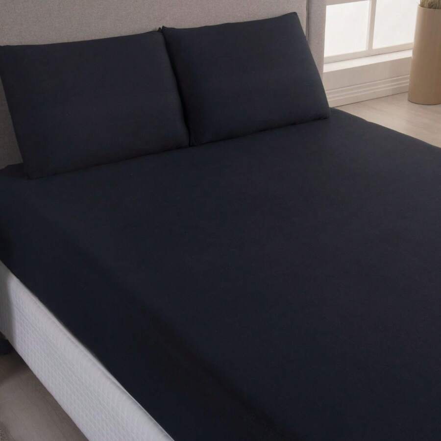 Plain 100% Cotton Knit Sheet Set With Elastic - Black - View 1