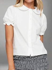 Women Y2k Cute Doll Collar T Shirt Summer Short Puff Sleeve Button Down Shirts Sweet White Blouse Going Out Crop Tops Casual Streetwear For Teen Girls Aesthetic Clothes - trắng - Xem 2