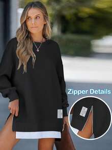 ChicMe Womens Crew Neck Long Sleeve Pullover Sweatshirt Dress Zipper Slit Design Faux Two Pieces Solid Casual Oversize Outfit For Daily Street - Black - View 4