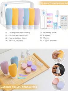 20pcs Travel Bottles Set, TSA Approved Leak Proof Toiletries Containers For Shampoo, Conditioner, Lotion, Shower Gel - Refillable Portable Travel Accessories For Makeup Bags & Liquids For Bathroom For Travel For Outdoor For Business Leakproof