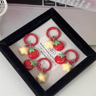 4pcs Cute Cartoon Tomato & Star Keychain, Funny Vegetable Food Toy Bag Charm, Couple/Best Friend Gift, Student Accessory