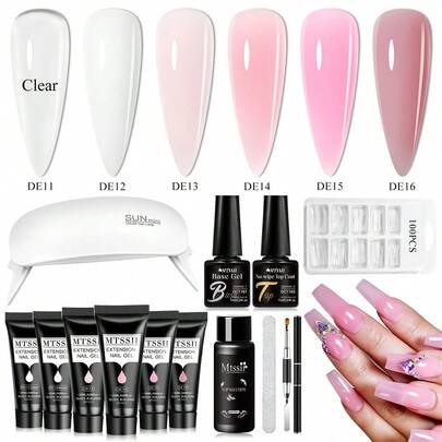 Mtssii 13件套20毫升美甲延长套装：透明、白色和粉色凝胶套装，包含UV/LED美甲灯、滑液和双头甲模 - 含延长胶夹，非常适合初学者和居家美甲。