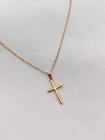 1pc Elegant Cross Necklace, Gold-Tone Cross Pendant Necklace, Everyday Necklace, Chic Casual Cross Jewelry, Waterproof Durable Gold-Plated Stainless Steel Jewelry, Prayer Necklace, Spring/Summer Necklace, Jewelry Gift For Her