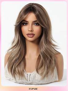 Großzügige und temperamentvolle 50 cm lange Perücke aus hitzebeständigem synthetischem Material in Leinenbraun mit Pony und lockiger Frisur, geeignet für Alltag, Partys und Reisen