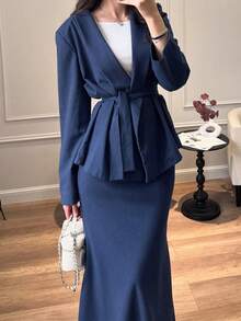 Stylish Women's Two Pieces Outfit With Belted Long Sleeve Blazer And Flowy Maxi Skirt Collared Design Elegant And Casual