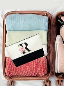 1个字母印花拼接女士手提包/化妆包，教师节礼物，可重复使用手拿包，简约大容量女士旅行化妆包，多功能便携女士礼品，休闲收纳袋，全新购物理想之选，男女通用，情侣款，日常使用，节日，返校季