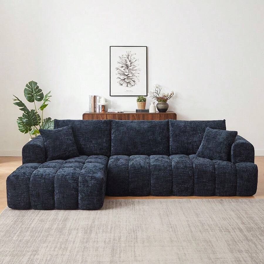YOGLAD L-Shaped Sectional Sofa With Chaise, Boneless Sofa With Modern Minimalist Design, Chenille Fabric Luxury Modular Sofa Couch For Living Room, No Assembly Required, Convertible Sleeper Sofa Bed, Plush Sponge & Pocket Spring Support, Soft Cloud Couch, Apartment Furniture, Dark Blue