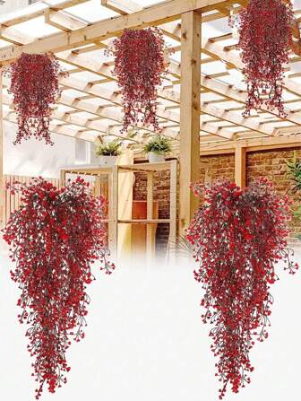 2 piezas Cesta colgante roja de Navidad de 31 pulgadas, decoración de guirnalda de bayas rojas, planta colgante artificial para interiores/exteriores, creador de ambiente navideño, adecuado para el Día de San Valentín y Navidad, decoración para el hogar, oficina, ventana y pasillo, mejor opción para Navidad