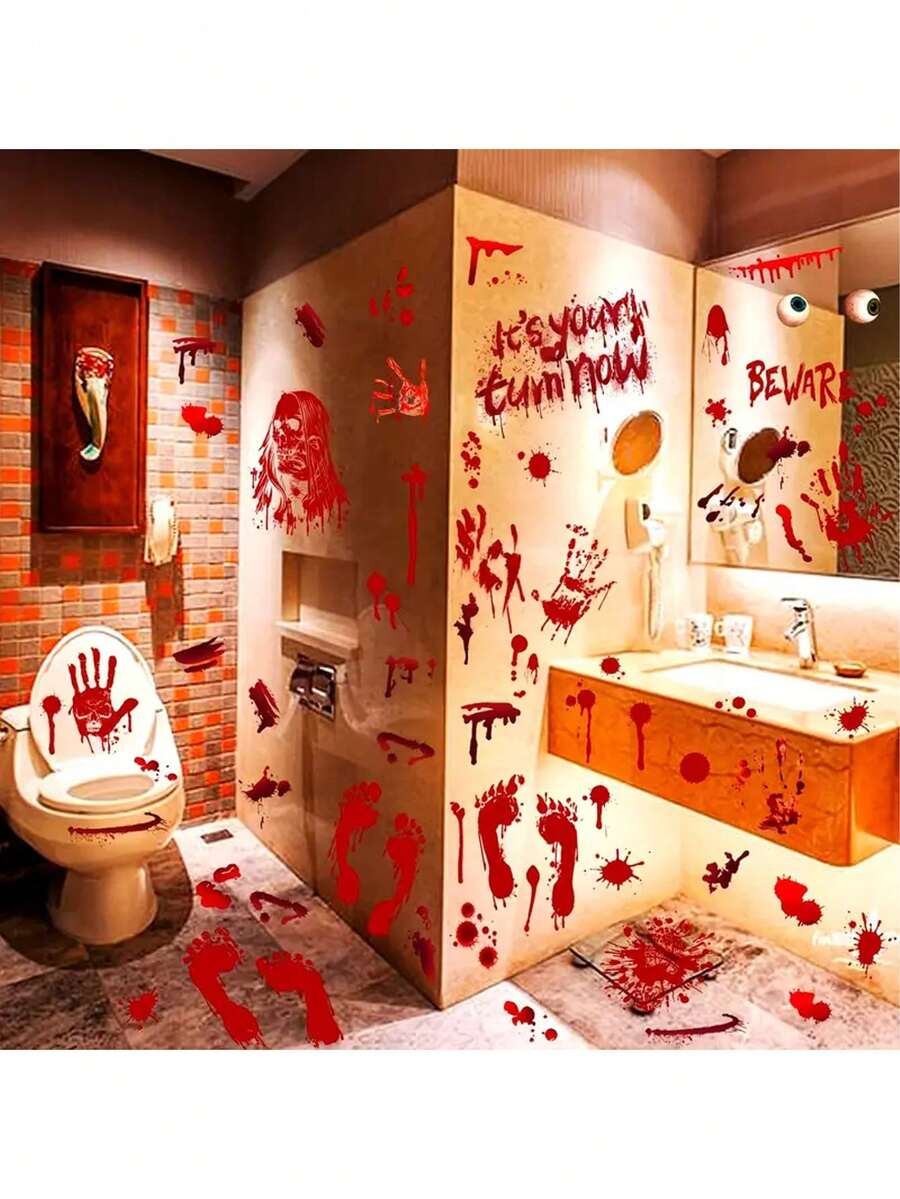 84 piezas/9 hojas Pegatinas de calavera, mano ensangrentada y terrorífica para Halloween, pegatinas de ventana, huellas de manos y pies ensangrentadas, pegatinas de calavera y sangre para ventanas, puertas, paredes, pisos, decoración terrorífica de Halloween - Multicolor - Ver 1