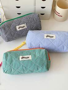 1 pieza Estuche de lápices a cuadros de color contrastante para estudiantes, bolsa de almacenamiento de artículos de papelería, bolsa de almacenamiento de cosméticos y artículos varios de gran capacidad