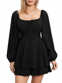 Womens Loose Shorts Jumpsuit, Solid Color Lantern Long Sleeve Square Neck Ruched Ruffled Playsuit - Black - View 2