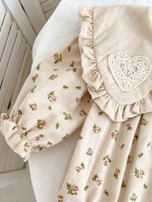 Lace Collar Printed Long Sleeve Bodysuit For Baby Girls, Sweet Style, Spring/Autumn