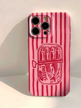 1 pieza Funda de teléfono dura con película brillante, patrón de sardina a rayas de dibujos animados minimalista, perforada, resistente al agua, a los golpes y a los arañazos, compatible con iPhone 11/12/13/14/15/16 Pro Max