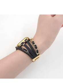 1pc Layered Wrap Watch Strap Compatible With Apple Watch 38mm 40mm 41mm 42mm 44mm 45mm 49mm Multilayer Leather Bracelet Watch Bands With Dual Chain And Rhinestone Replacement Compatible With Apple Watch SE SE2 8 7 6 5 4 3 2 1 - Multicolor - View 7