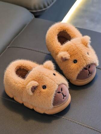 1 双儿童水豚毛绒拖鞋，男女童包头室内居家保暖鞋，秋冬