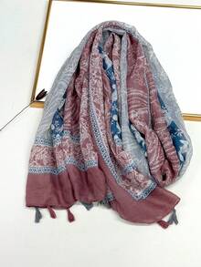 Lenço leve estampado com franjas, design elegante, xale feminino, respirável, para proteção solar na praia, versátil para a cabeça, ideal para primavera/verão. - Rosa Empoeirado - Ver 3
