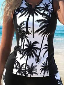 HKGFF-[Coconut Print Tankini] European And American Black And White Coconut Print Tankini New Split Swimsuit Flat Leg Pants For Women Gift