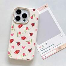 Tulip And Seven Star Ladybug Pattern Fashionable Large Hole Phone Case With Concave And Convex Texture On The Surface Of UV Printing Technology, 360 Degree All-Round Protection Compatible With Iphine 16 15 14 13 12 11 Series Smartphones Birthday Gift