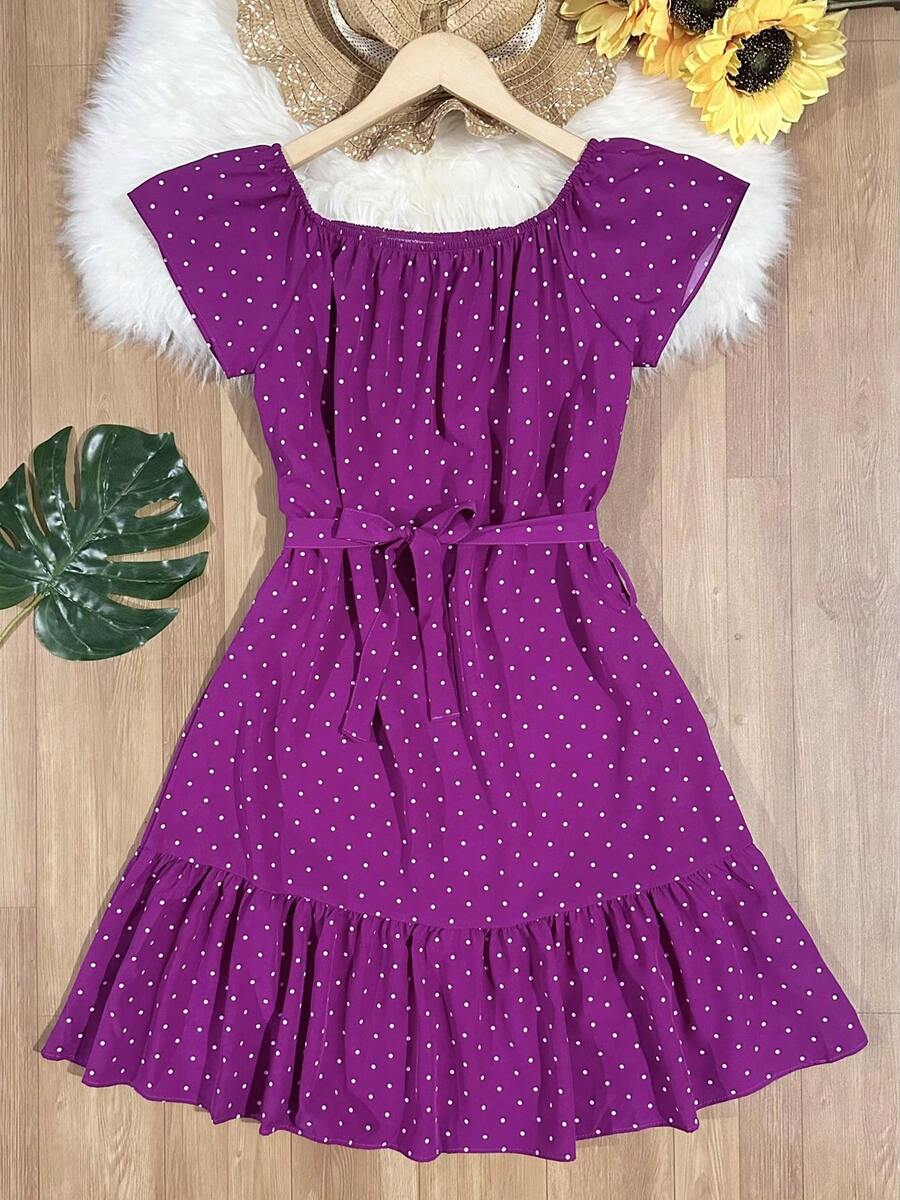 Floral Polka Dots With Belt Ruffle Hem Beach Women's Fashion - 中紫紅色 - 查看 1