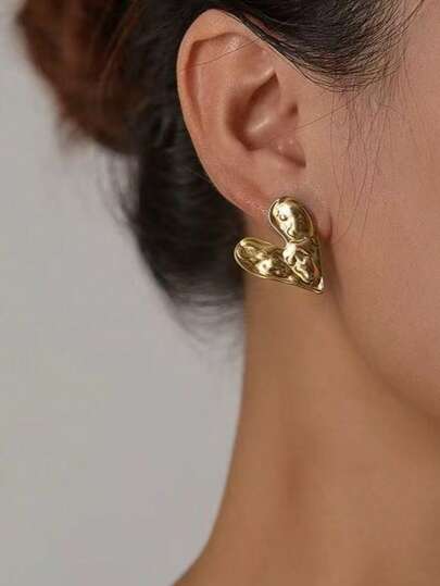 1 Pair Minimalist Stainless Steel Asymmetrical Heart Shaped Earrings, Sweet & Elegant Earrings For Women