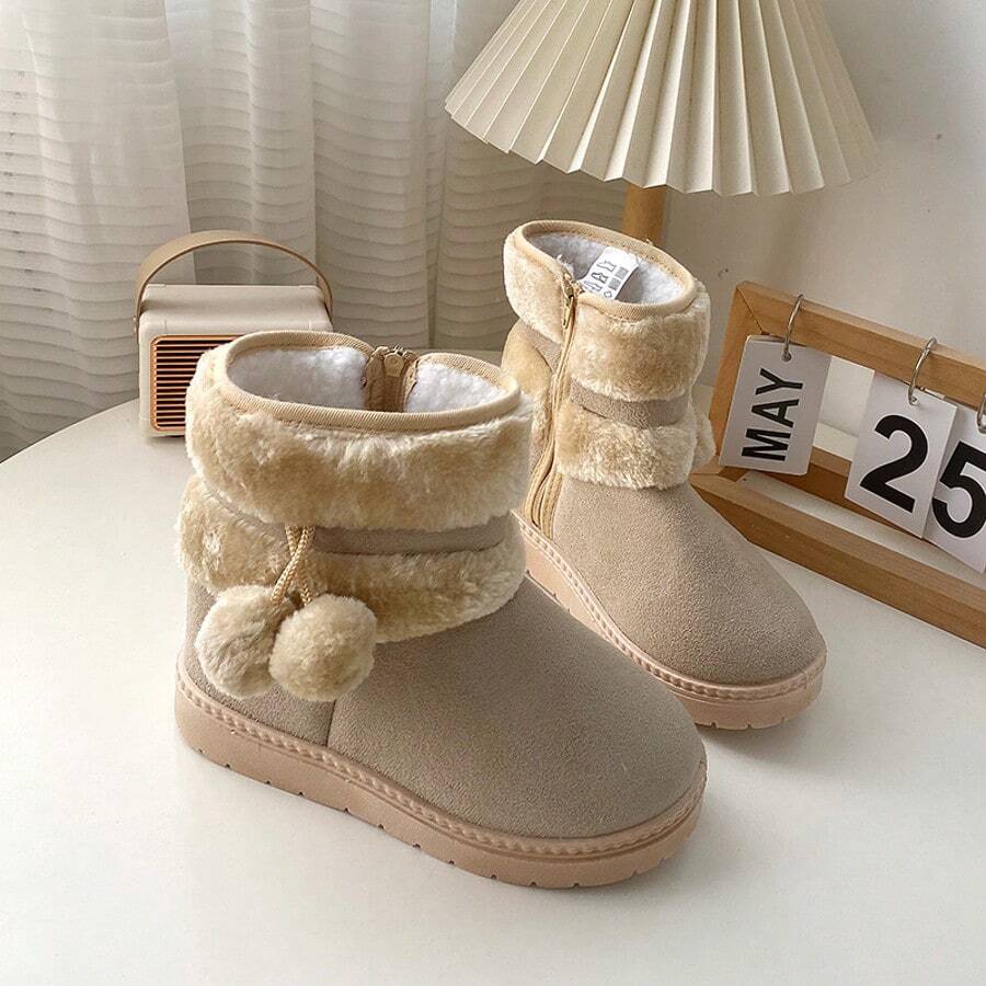 Girls' Soft Sole Anti-Slip Snow Boots, Thermal Lined Warm Short Boots, Thick Toddler Fashion Furball Mid-Calf Boots