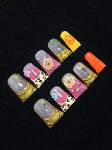 Set di 10 pezzi di unghie acriliche fatte a mano stile Y2K a forma di becco d'anatra, colore rosa nudo e nero, con decorazione a ciliegie, intaglio tridimensionale, stile carino adatto per spiaggia e viaggi estivi. 3 misure adatte per feste, balli e uso quotidiano. Comprende un kit per unghie, un regalo ideale per donne e ragazze. Accessori per unghie.