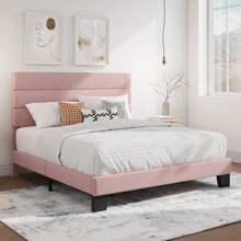 Full Platform Bed Frame With Velvet Upholstered Headboard, Mattress Foundation With Strong Wooden Slats Support, No Box Spring Needed, Pink Camas Queen Modernas