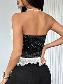 Sexy French Polka Dot Fitted Lace Trim Bustier Camisole Bodysuit - Black - View 6