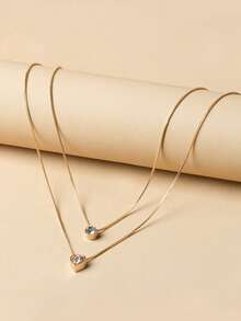 1 件时尚心形和水滴水钻吊坠多层项链，适合女士日常佩戴 - 金色 - 查看 2