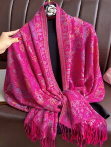 1件装女士亮丽佩斯利提花围巾/披肩，百搭日常佩戴，适合秋冬季服装搭配 - 玫紅色 - 查看 2
