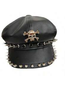1pc Women Punk Leopard Print Spider Rivet Leather Beret Hat, Suitable For Daily Commute Or Party Halloween