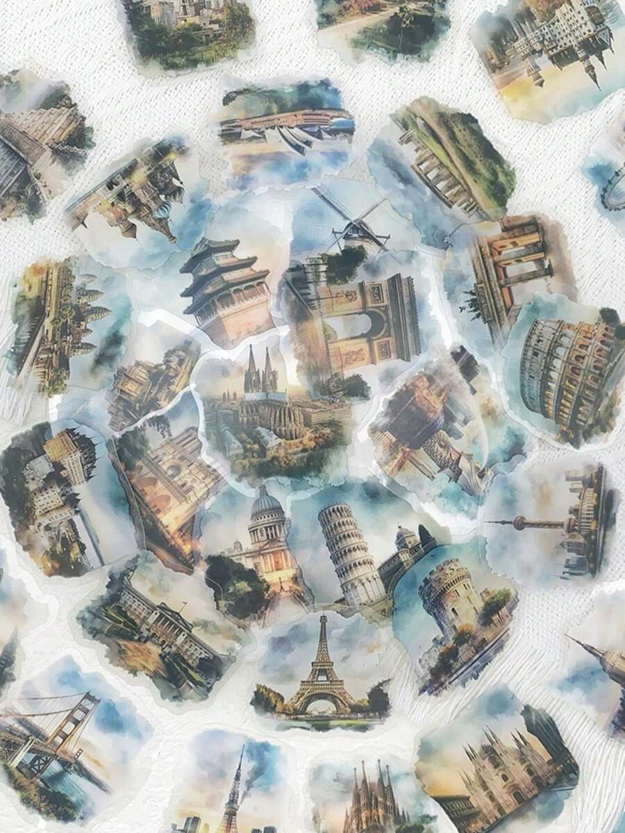 50pcs Watercolor World Famous Architecture Sticker Waterproof PET Transparent Decals For Laptop Luggage Motorcycle Diary Phone Decorate Sticker - Multicolor - View 1