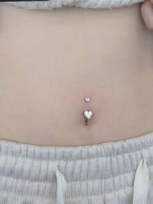 1 Piece Of Stainless Steel Navel Ring With Heart-Shaped Zirconia Inlay For Women. Sexy, Charming And Shiny Body Piercing Jewelry, Suitable For Parties And Daily Wear. - Silver - View 3