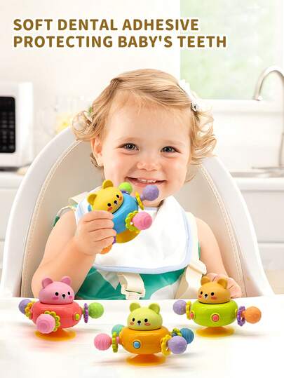 Babybitring söt björn snurrande leksak, Manhattan baby sensorisk gripboll leksak, Montessori lärande och utvecklingsleksaker, sugkoppssnurrande, designad för nyfödda, lugnande bitring, lugnar barnets känslor, främjar motorisk och kognitiv utveckling, lämplig för nyfödda 0-3 år, för både pojkar och flickor (tillbehörsfärger slumpmässiga), lämplig för skolstartssäsongen, Halloween, jul