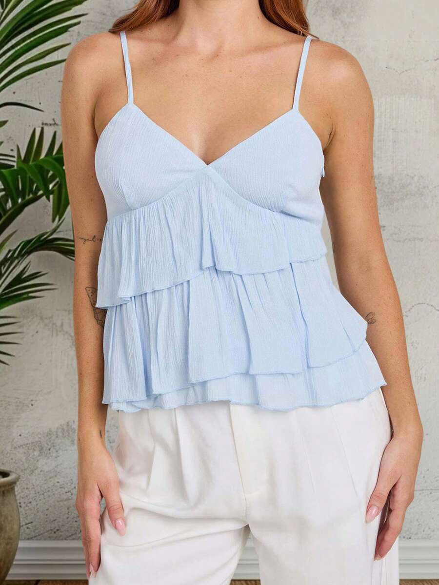 Women's Ruffle Cami Tops Sleeveless Spaghetti Strap V Neck Tie-Up Back Camisole Tops - Blue - View 1