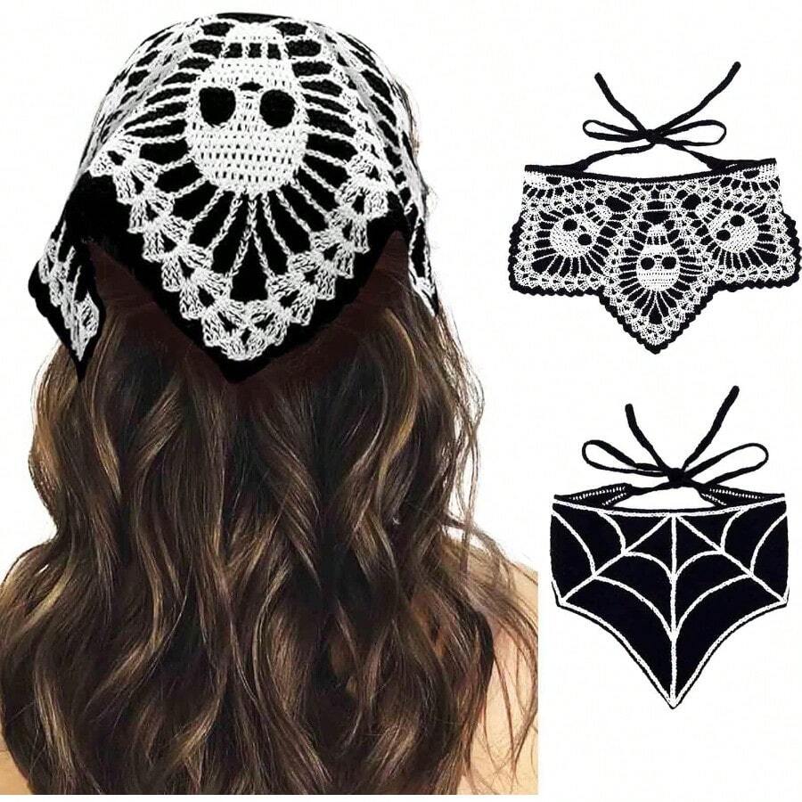 Headbands Crochet Bandanas Headband Spider Gothic Head Scarf Halloween Hair Accessories For Women 2Pcs - 布萊卡 - 查看 1