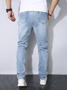 青少年男孩中号水洗蓝色猫须做旧修身直筒牛仔裤 - 淺色水洗藍 - 查看 2