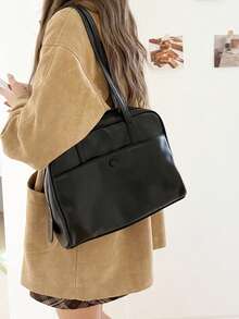 Korean Style New Pillow Handbag, Retro Shoulder Bag, Large Capacity Tote Bag For Work Commute, No Pendant Included, Pendant Is For Styling Only - Black - View 7