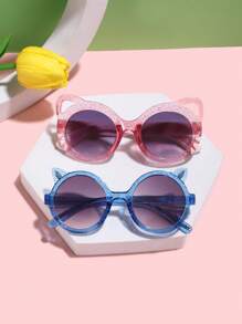 2 件装 女童 9-14 岁亚克力太阳镜 可爱圆形猫耳框领结配饰 时尚粉色眼镜 适合夏季外出和毕业礼物