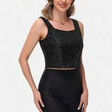 Women's Sequin Square Neck Tank Top With Sleeveless Design And Cropped Fit - Black - Black - View 3